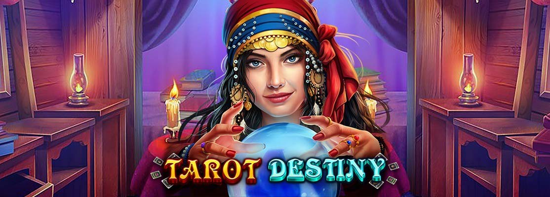 Caravan, gypsy with coin headscarf, crystal ball, candles, tarot cards