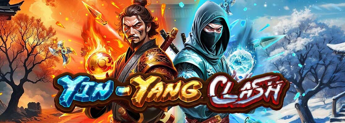 Yin-Yang Clash game banner featuring a fiery samurai and a frosty ninja against contrasting backgrounds of flames and ice.