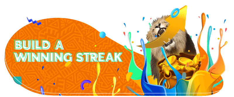 Roaring lion with golden crown and treasure, surrounded by colorful paint splashes and the text 'Build a Winning Streak' on an orange patterned background” on an orange patterned background