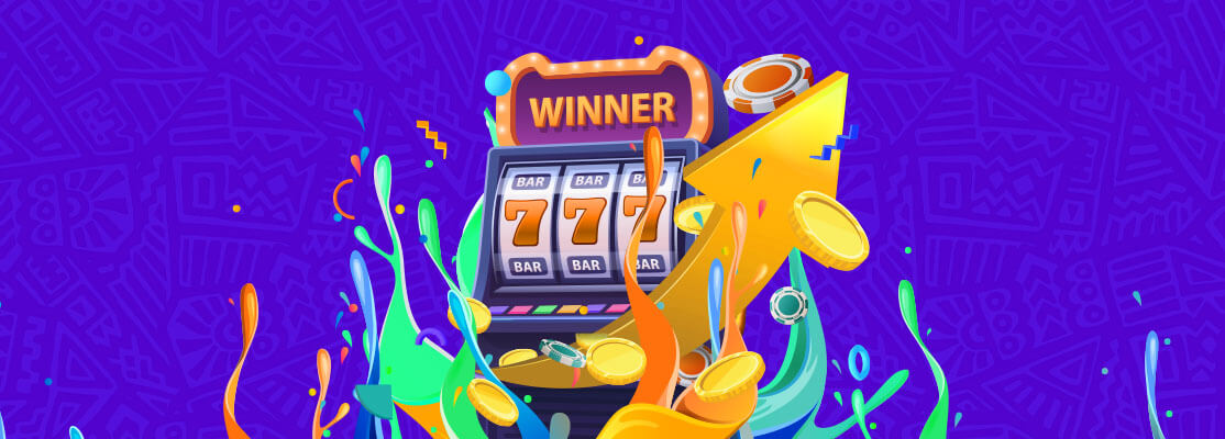 Slot machine with triple sevens, coins and poker chips flying out, colorful splashes and upward arrow on vibrant purple background with 'WINNER' sign