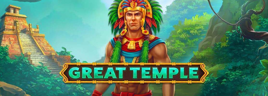 Aztec King with head dress standing in front of a Temple in tropical forest