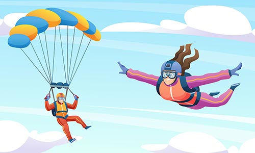 A colourful 2D illustration of two skydivers, one with an open parachute and the other in freefall