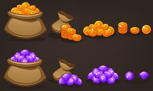 A cartoon style illustration of bags of purple gems and gold on a dark background