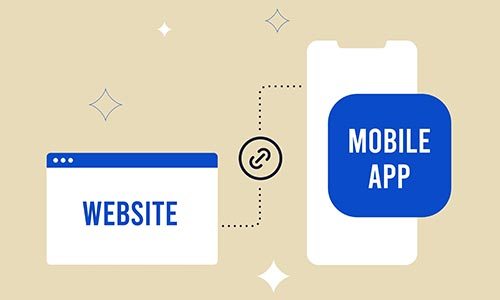 An illustration of a web page and a mobile phone app with chain link on a pale-yellow background