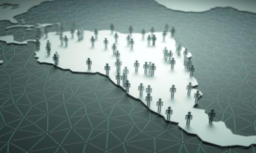 illustration of people standing on map of South America