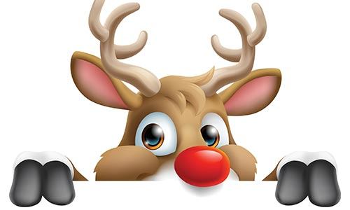 A cartoon-style illustration of Rudolph the reindeer peeking over a wall isolated on white background